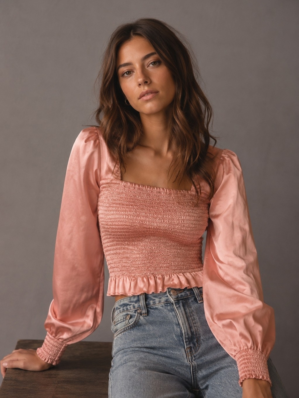 Guess Pink Satin Smocked Puff Long Sleeves Crop Top Coquette Soft Girl Milkmaid